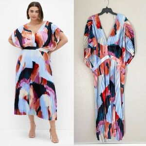 City Chic Plus Size  Beach Henley Pleat Print Midi Dress sky blue